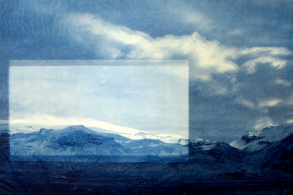 this will also fade... (iceland route one, i.i), 2023  |  layered gampi cyanotypes, mounted on chamfered panels, 17”w x 11”h (unique)