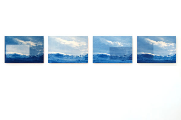 this will also fade... (iceland route one, i.i - i.iv), 2023  |  layered gampi cyanotypes, mounted on chamfered panels, 17”w x 11”h each (unique polyptych)