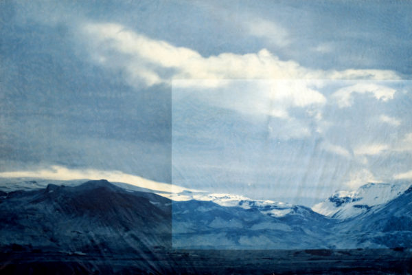 this will also fade... (iceland route one, i.iv), 2023  |  layered gampi cyanotypes, mounted on chamfered panels, 17”w x 11”h (unique)
