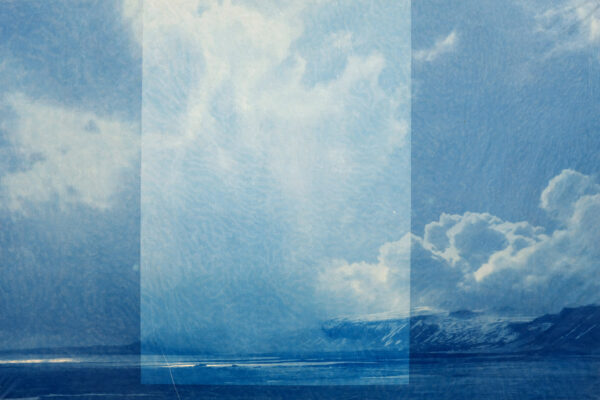 this will also fade... (iceland route one, ii.i), 2023  |  layered gampi cyanotypes, mounted on chamfered panels, 17”w x 11”h (unique)