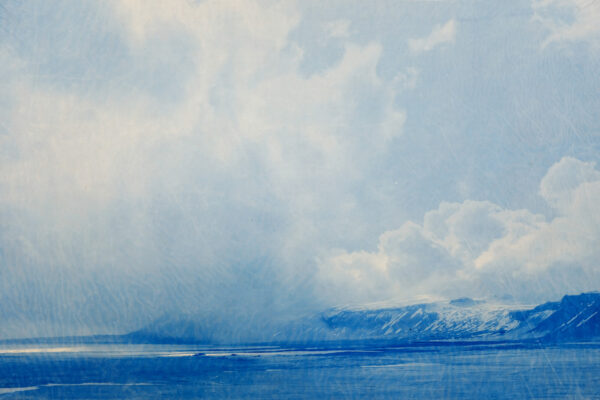 this will also fade... (iceland route one, ii.ii), 2023  |  layered gampi cyanotypes, mounted on chamfered panels, 17”w x 11”h (unique)