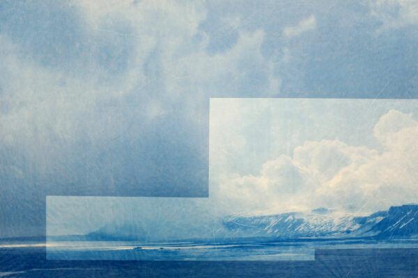 this will also fade... (iceland route one, ii.iii), 2023  |  layered gampi cyanotypes, mounted on chamfered panels, 17”w x 11”h (unique)