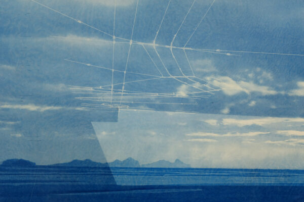 this will also fade... (iceland route one, iii.i), 2023  |  layered gampi cyanotypes, mounted on chamfered panels, 17”w x 11”h (unique)
